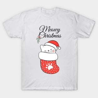 Cute Christmas - Meowy Christmas Cat with Hat Sleeping T-Shirt